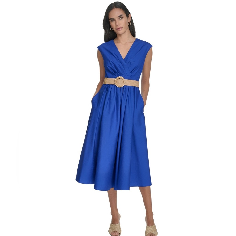 Jessica Howard Blue Belted Midi Dress Petite Size 10P NWT Office Vacation - Picture 5 of 9
